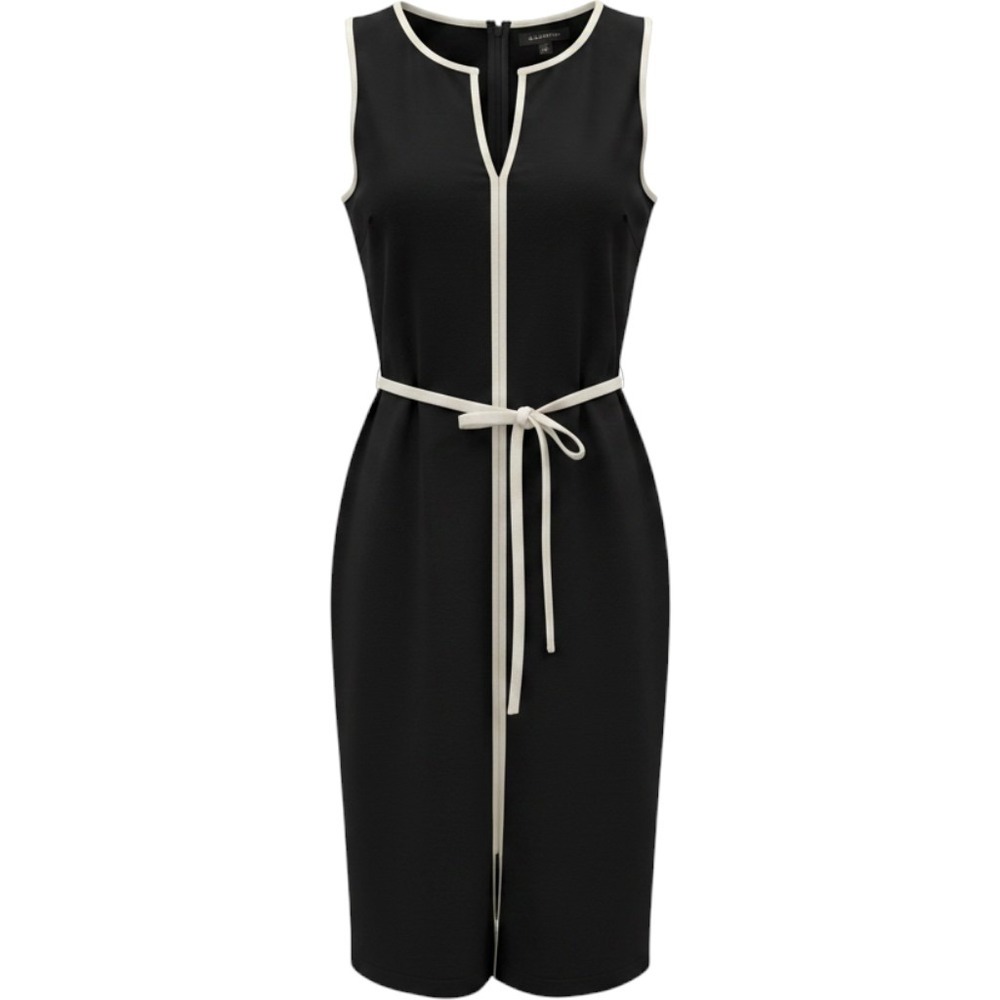 Talbots Black Cream Trim‎ Sleeveless Sheath Dress Tuxedo Belt Split Neck Size 2